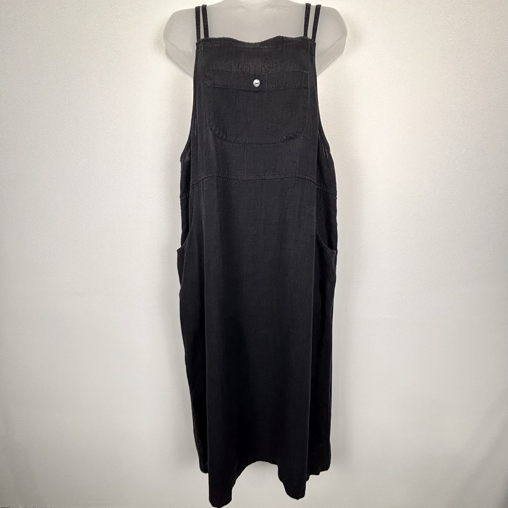 Vintage Talbots Dress M Black Midi Linen Pockets Sleeveless Square Neck 90s